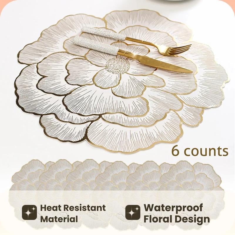 Floral Pattern Placemat, 6 Counts/set Heat Resistant Non Slip Table Mat, Kitchen Gadgets, Waterproof Placemat for Home Kitchen Dining Room Wedding Party, Valentine's Day Gift, Tableware