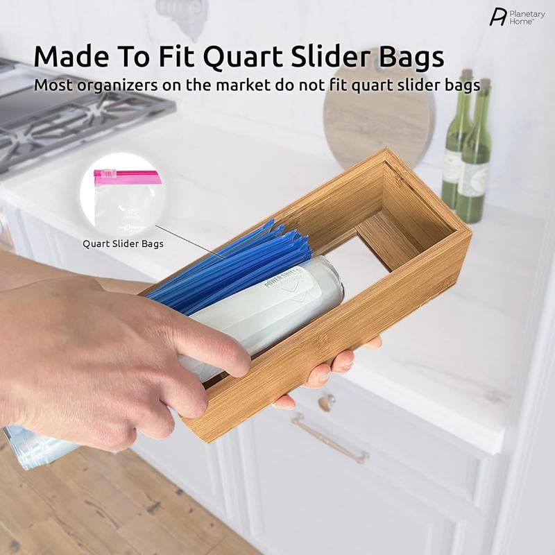 WWDPOOL Premium Bamboo Kitchen Wall & Drawer Customizable Baggie Organizers, For Slider, Freezer, & Storage Bags up to Gallon Size Set Expandable Room Boxes