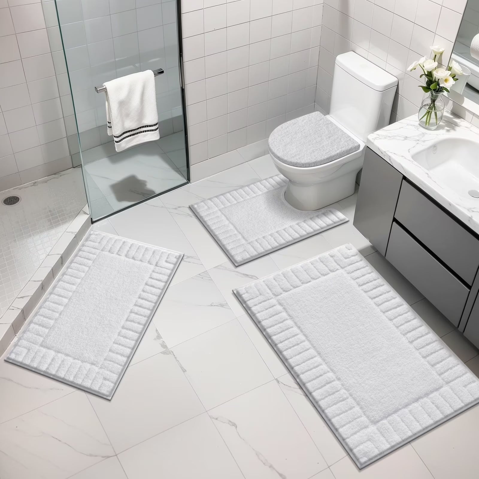 Bathroom Rugs Set of 4 Piece, Bath Mats, Microfiber Non Slip Shaggy Ultra Soft Bathroom Runner with U Shaped Contour Toilet Mat for Bathroom, Shower Inside Floor, Gray