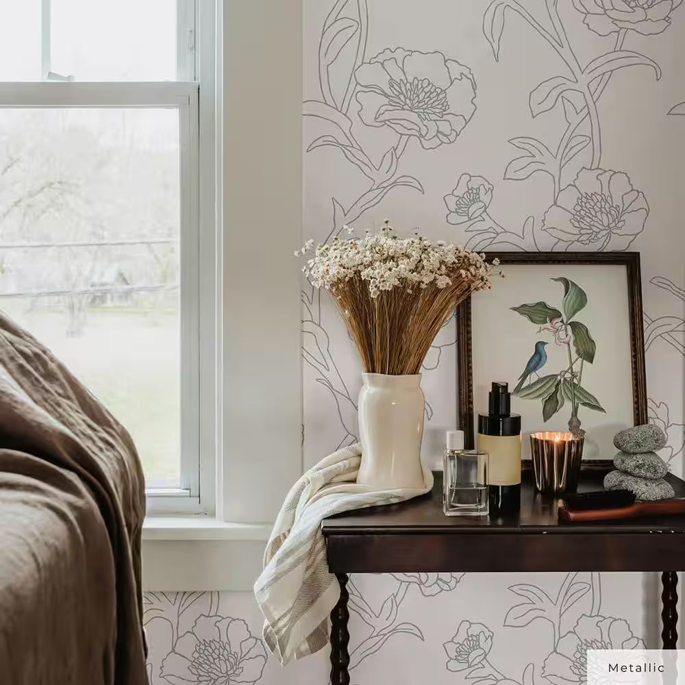 Metallic Black and White Peonies Vinyl Peel and Stick Wallpaper Roll