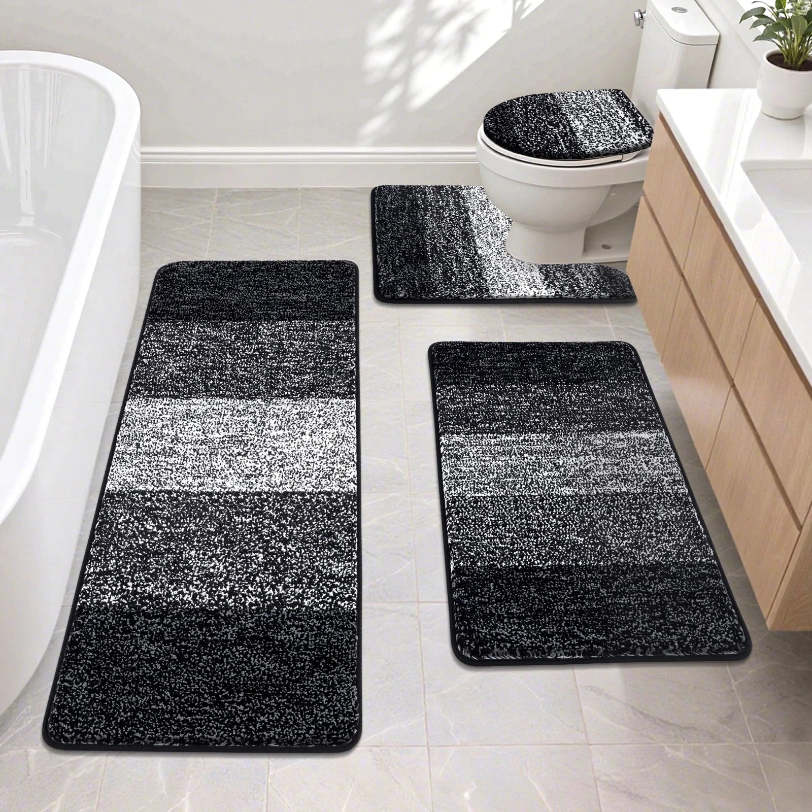 Traditional 4 Piece Microfiber Washable Bathroom Rug Set, Grey