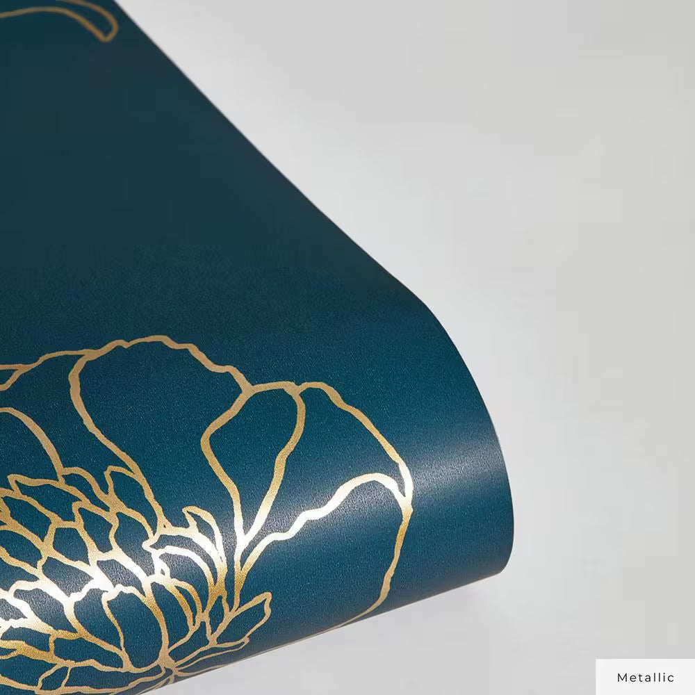 Peacock Blue and Metallic Gold Peonies Vinyl Peel and Stick Wallpaper Roll (Covers 28 sq. ft.)