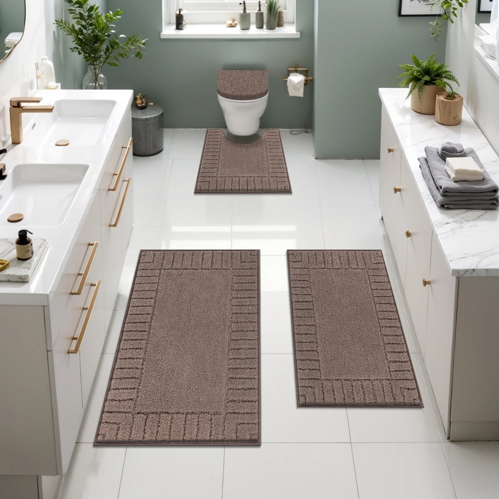 Bathroom Rugs Set of 4 Piece, Bath Mats, Microfiber Non Slip Shaggy Ultra Soft Bathroom Runner with U Shaped Contour Toilet Mat for Bathroom, Shower Inside Floor, Brown