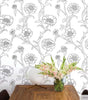 Metallic Black and White Peonies Vinyl Peel and Stick Wallpaper Roll