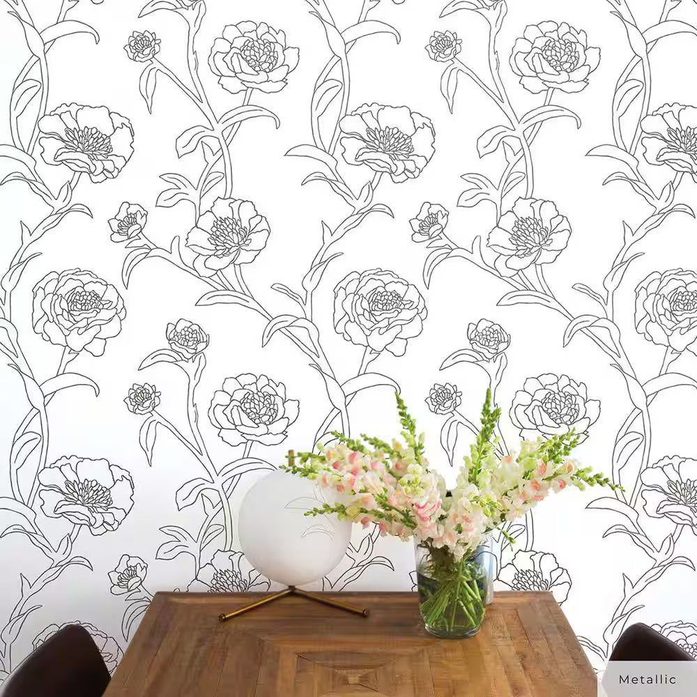 Metallic Black and White Peonies Vinyl Peel and Stick Wallpaper Roll