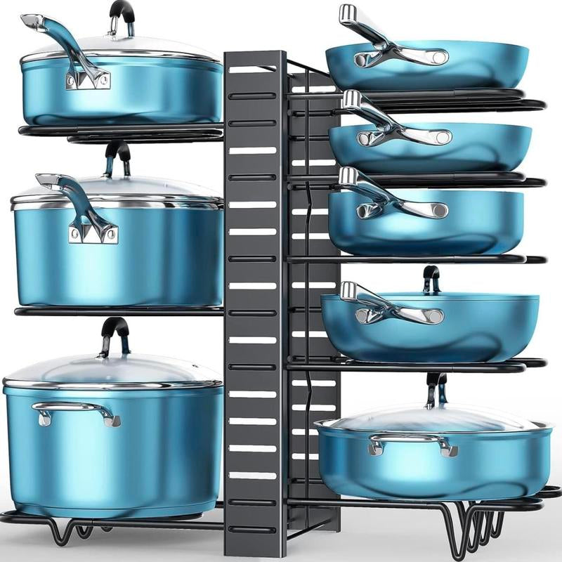 Upgraded 8-Tier Pots and Pans Organizer Rack for Kitchen Cabinets – 3 DIY Assembly Methods, Large Pot and Lid Storage Rack, Kitchen Cookware Organizer (Black)