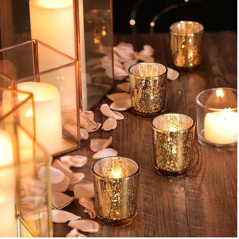 Set of 2 Gold Mercury Glass Votive Candle Holders – Speckled Boho Decor for Weddings, Halloween & Thanksgiving Centerpieces