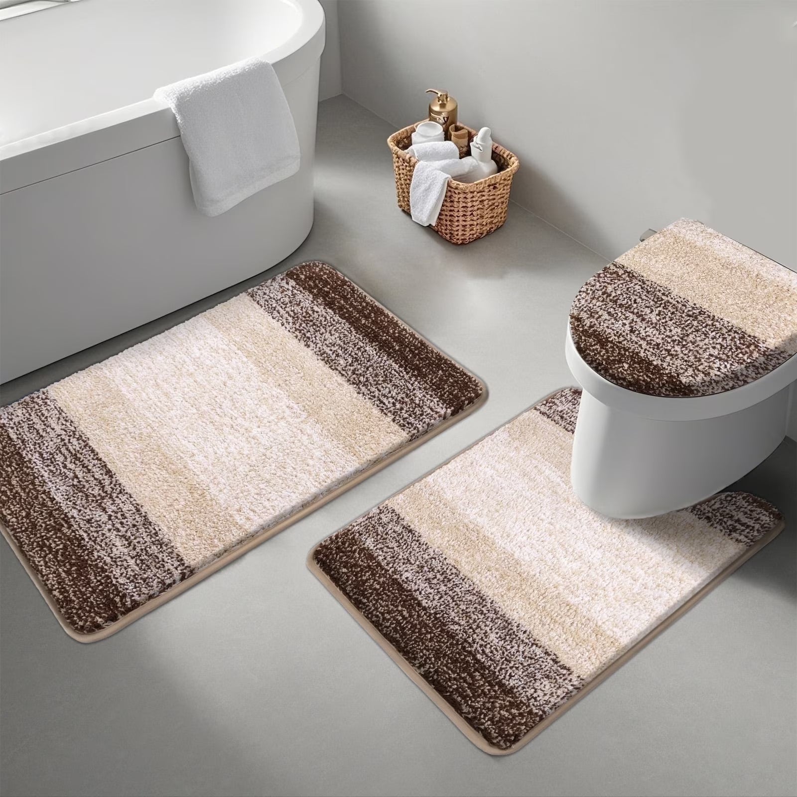 Traditional 4 Piece Microfiber Washable Bathroom Rug Set, Grey