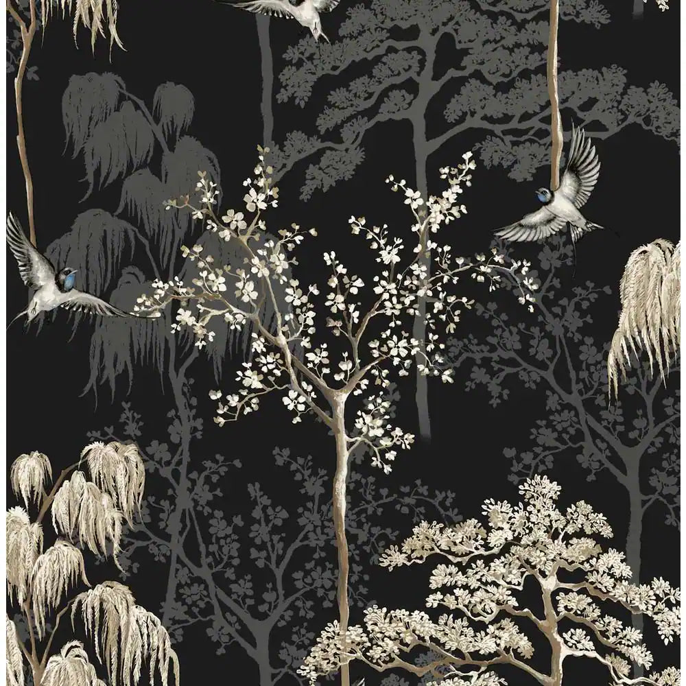 Black Bird Garden Floral Vinyl Peel and Stick Wallpaper Roll 30.75 sq. ft.