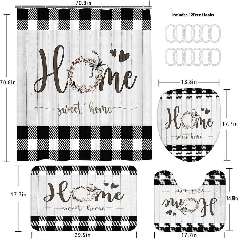 Black & White Rustic Bathroom Set – Shower Curtain with Matching Rugs & Toilet Mat