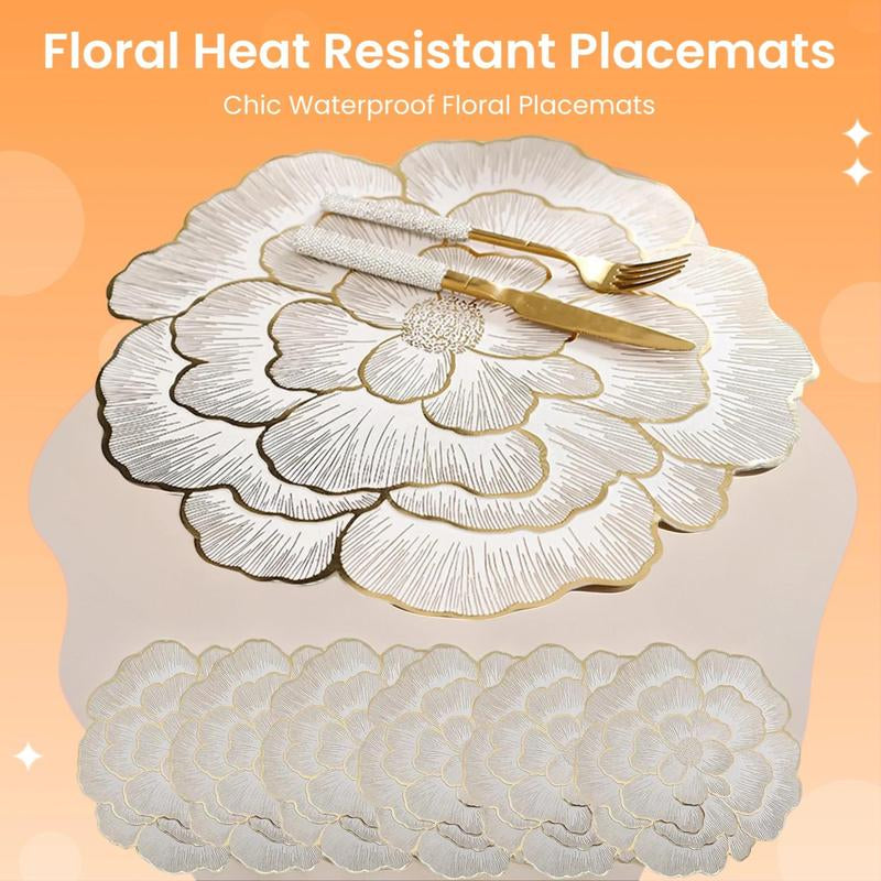 Floral Pattern Placemat, 6 Counts/set Heat Resistant Non Slip Table Mat, Kitchen Gadgets, Waterproof Placemat for Home Kitchen Dining Room Wedding Party, Valentine's Day Gift, Tableware