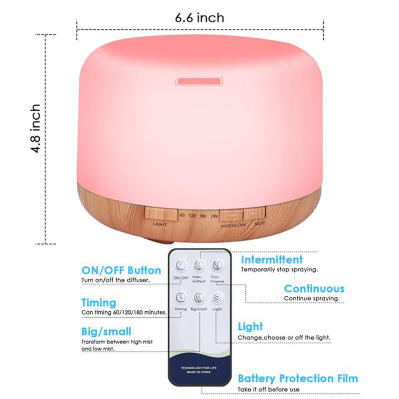 Essential Oil Diffuser, 500ml Essential Oil Diffuser, Aromatherapy Diffuser with Timer and 7 Ambient Lights No Water Auto Off, Diffuser Large Room Home Office