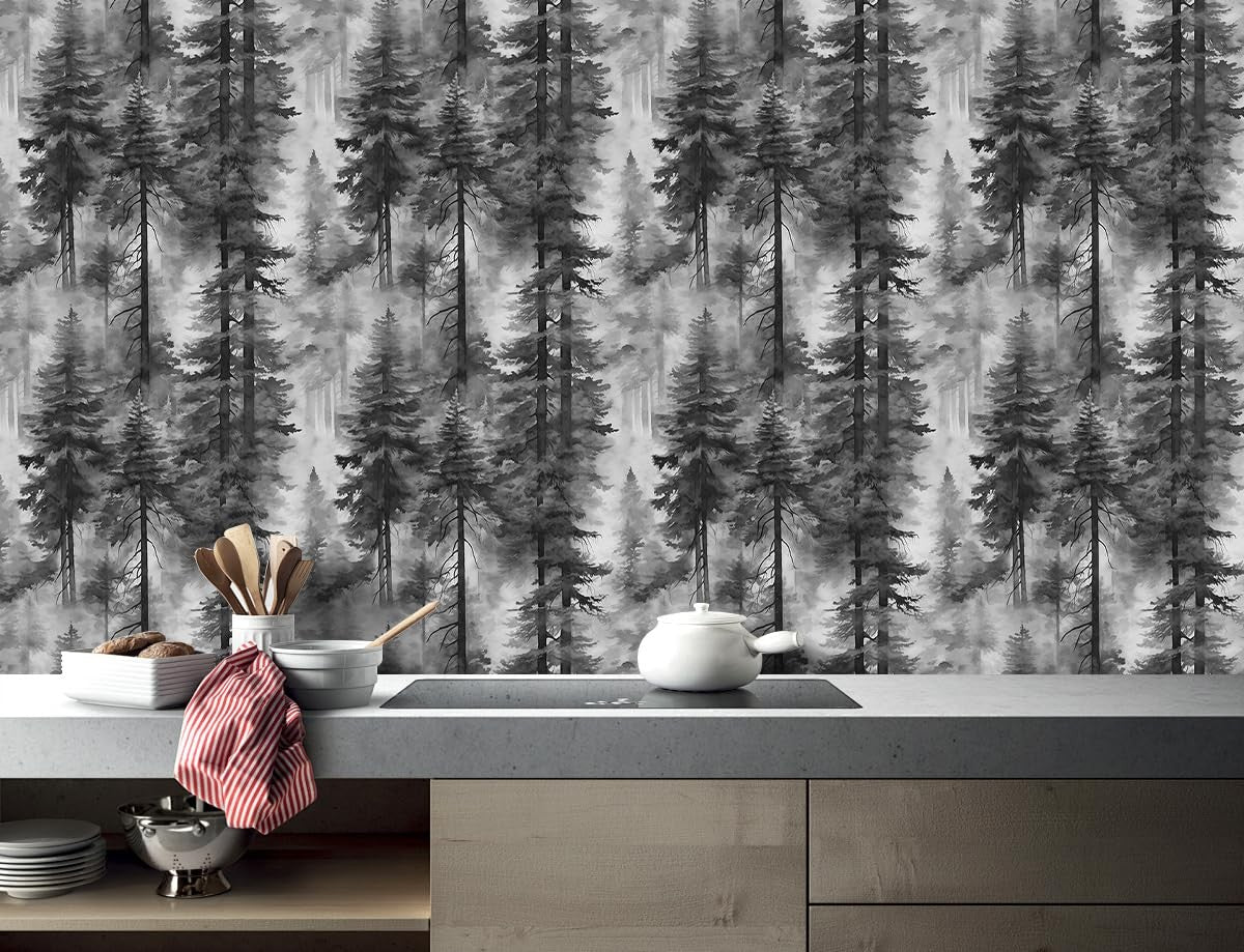 Black and White Forest Thick Vinyl Peel and Stick Wallpaper for Bathrooms and Bedrooms