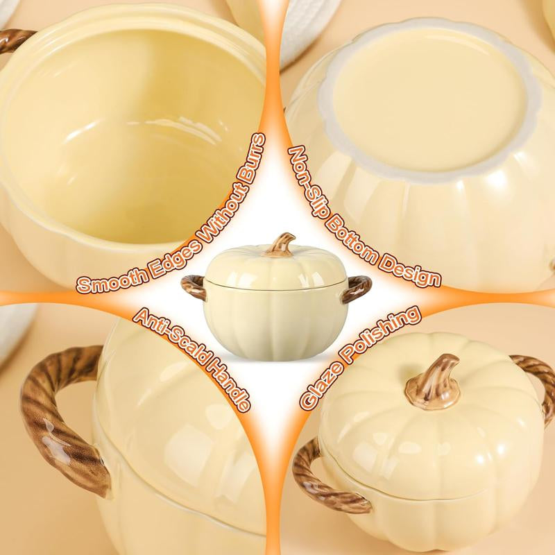 Set of 5 Ceramic Pumpkin Bowls with Lids & Handles – 17oz & 54oz Fall-Themed Soup, Dessert, and Storage Pots