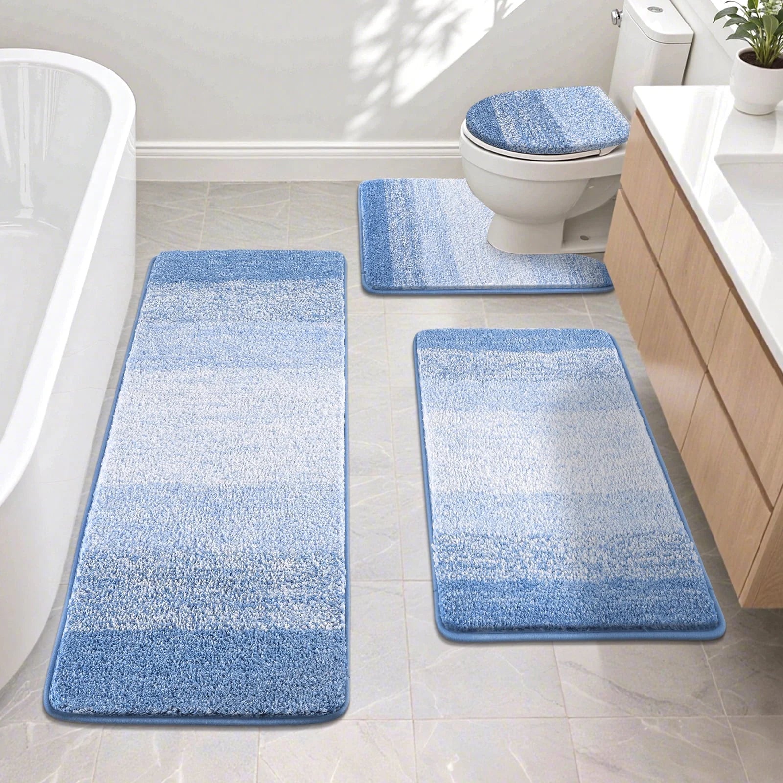 Traditional 4 Piece Microfiber Washable Bathroom Rug Set, Grey