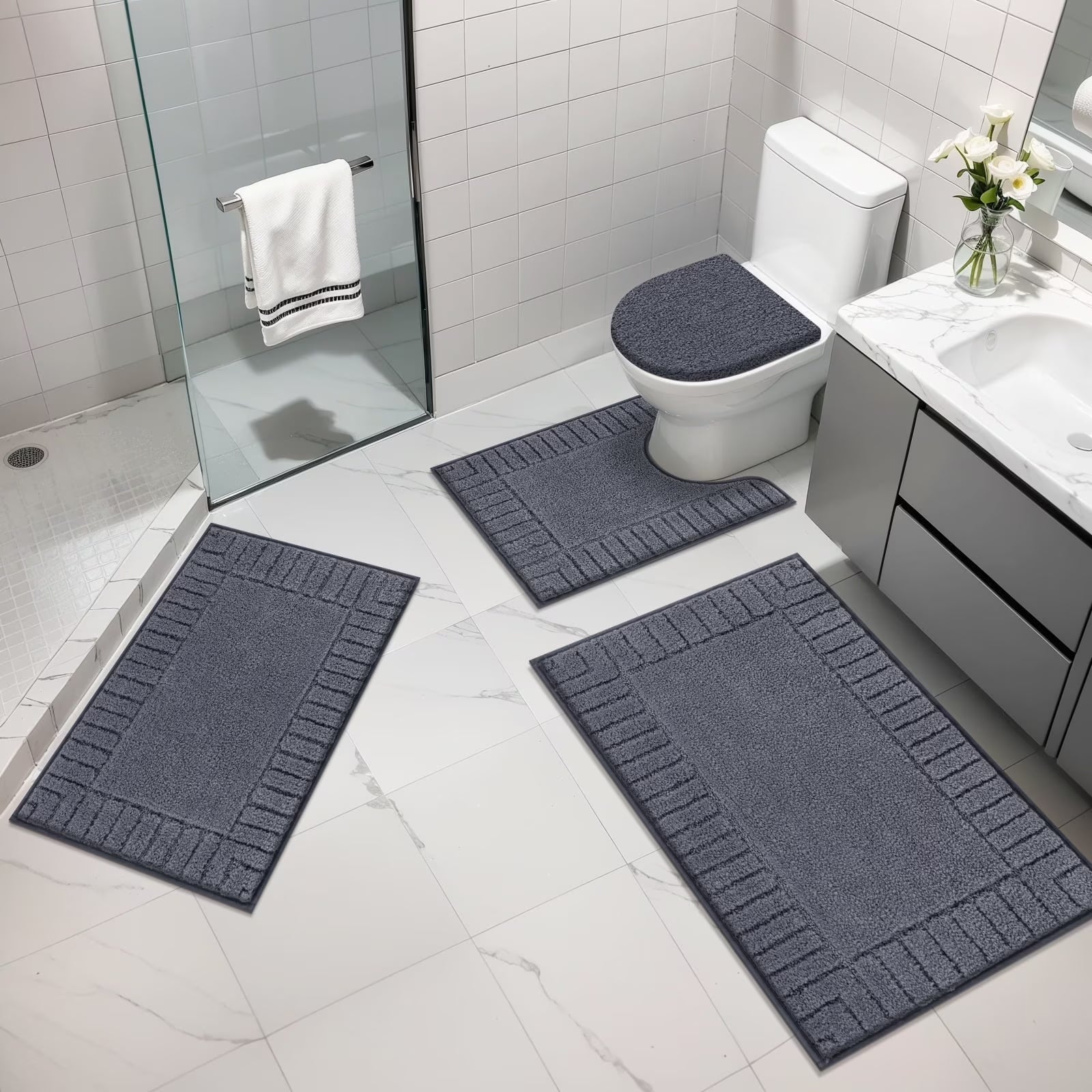 Bathroom Rugs Set of 4 Piece, Bath Mats, Microfiber Non Slip Shaggy Ultra Soft Bathroom Runner with U Shaped Contour Toilet Mat for Bathroom, Shower Inside Floor, Gray