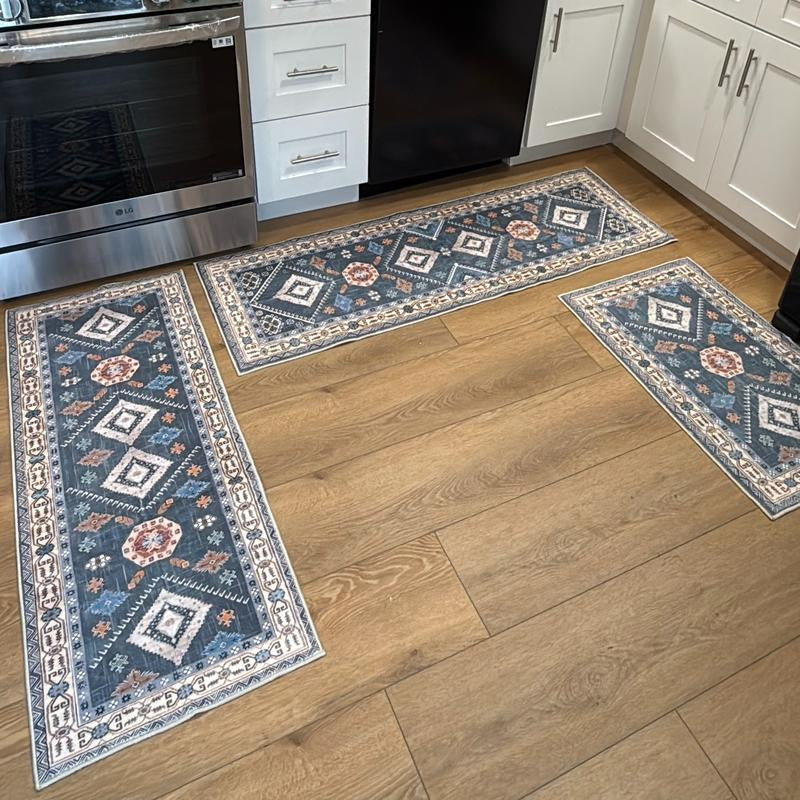 Boho 3-Piece Rug Set – Thick Non-Slip Flannel Mats for Kitchen, Hallway & Laundry