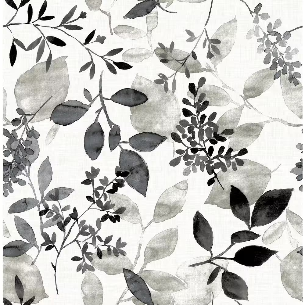 Black Breezy Floral Botanical Vinyl Peel and Stick Wallpaper Roll