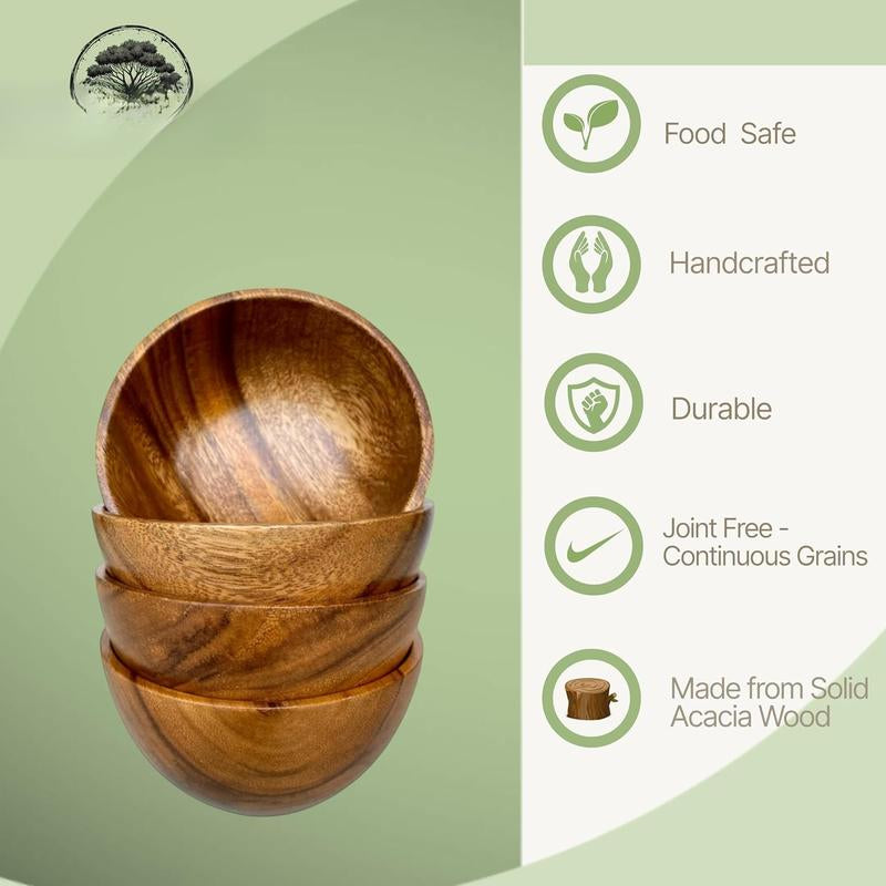 Set of 4 Handmade Acacia Wood Bowls – 5" x 2.5", Rustic Small Serving Bowls for Dips, Sauces, Salads, and Kitchen Décor