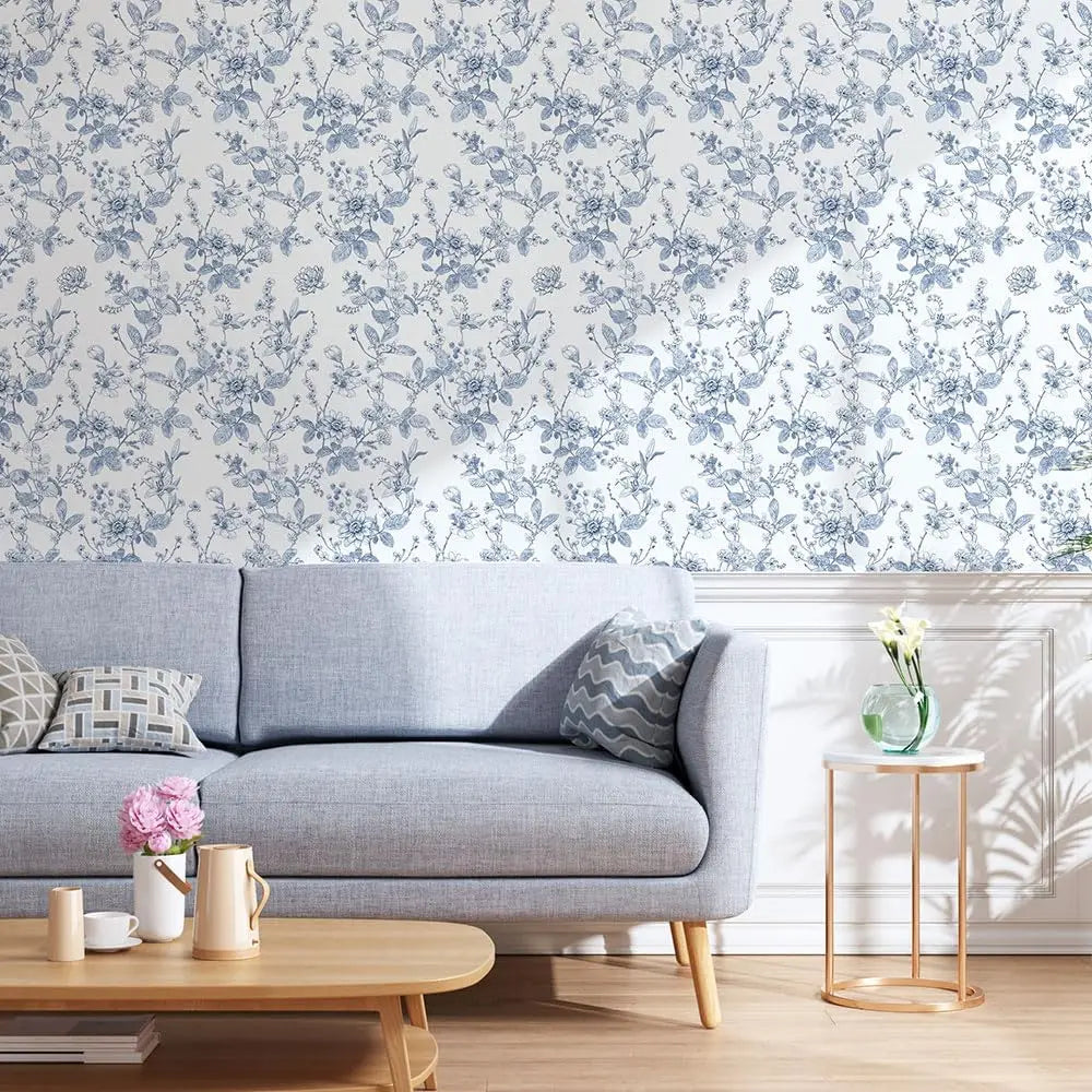 Vintage Blue and White Floral Botanical Vinyl Peel and Stick Wallpaper