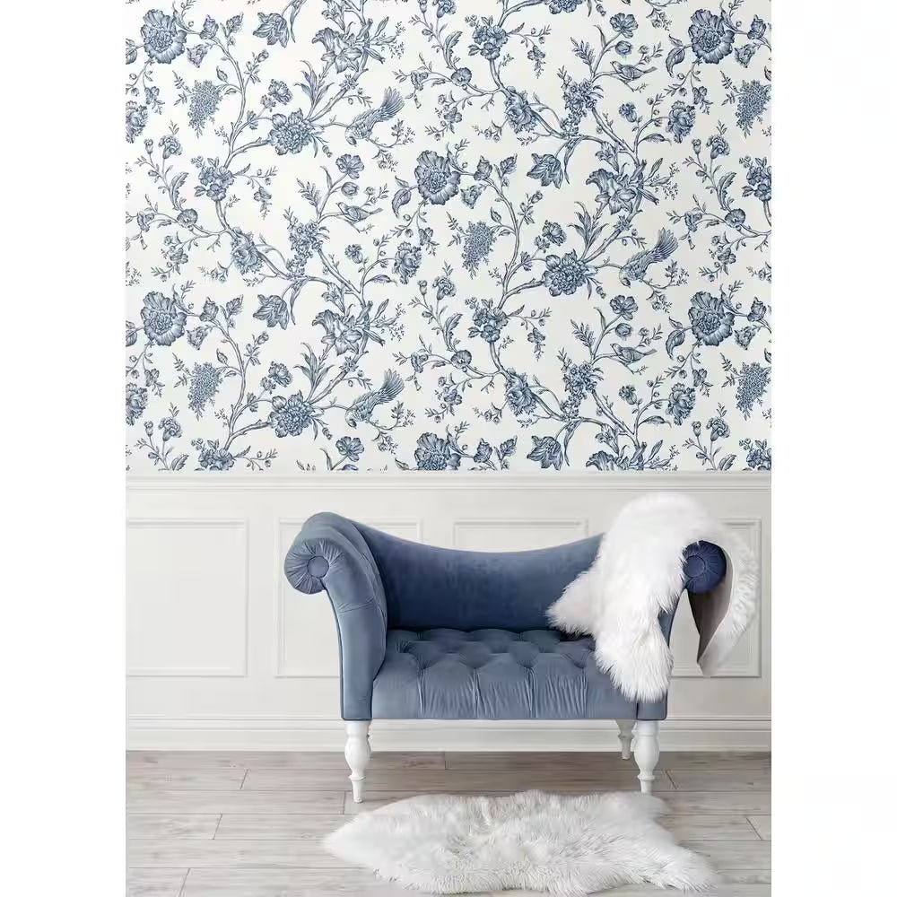 Navy Blue Jasmine Chinoiserie Vinyl Peel and Stick Wallpaper Roll 40.5 sq. ft. 
