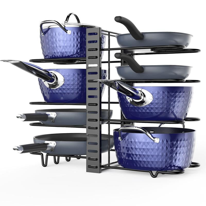 8-Tier Adjustable Pots and Pans Organizer Rack for Cabinets – Metal Kitchen Storage, Cookware and Lid Holder, Stackable Dish Rack for Kitchen Organization