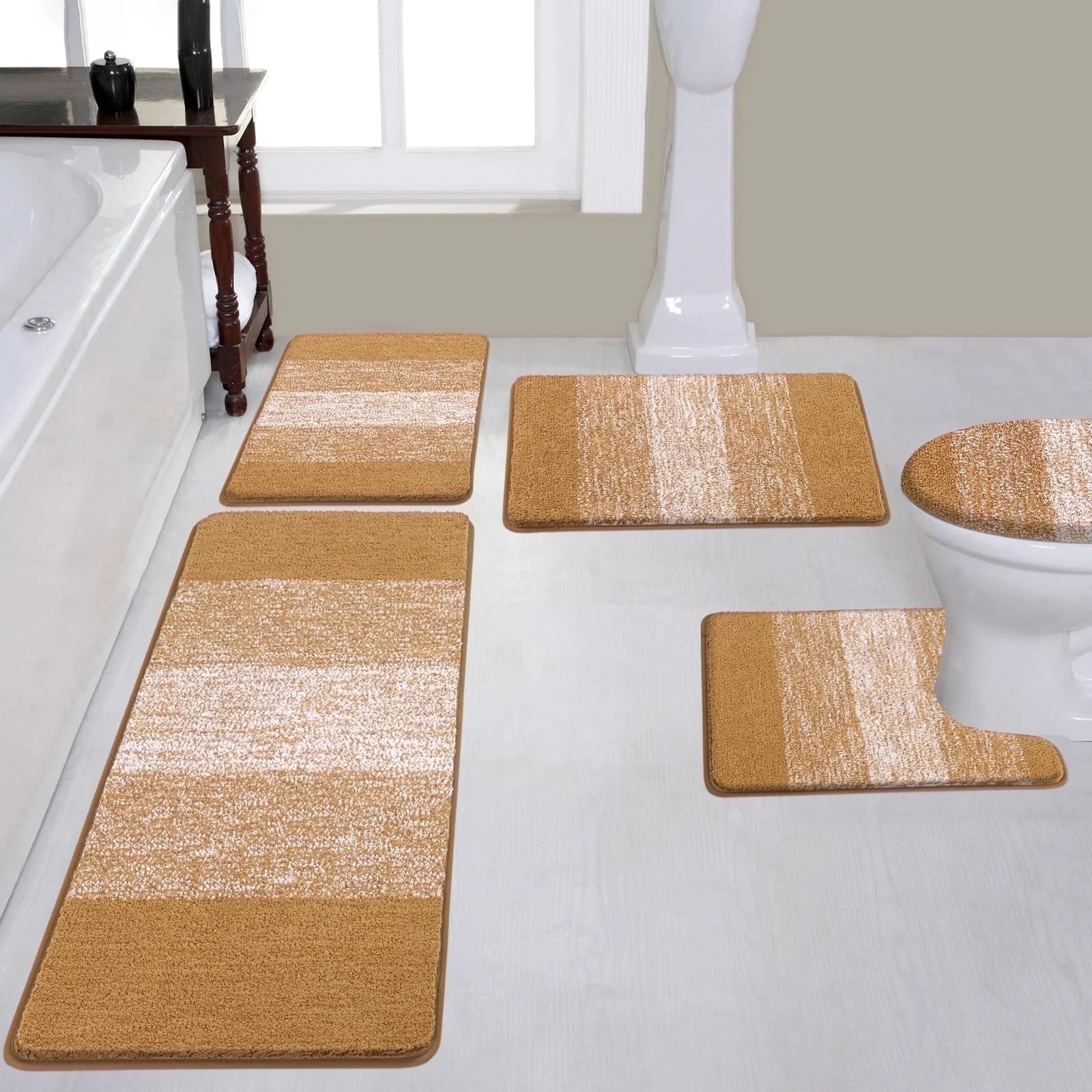 Traditional 4 Piece Microfiber Washable Bathroom Rug Set, Grey