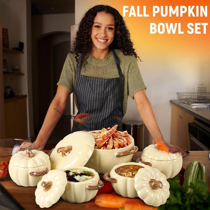 Set of 5 Ceramic Pumpkin Bowls with Lids & Handles – 17oz & 54oz Fall-Themed Soup, Dessert, and Storage Pots