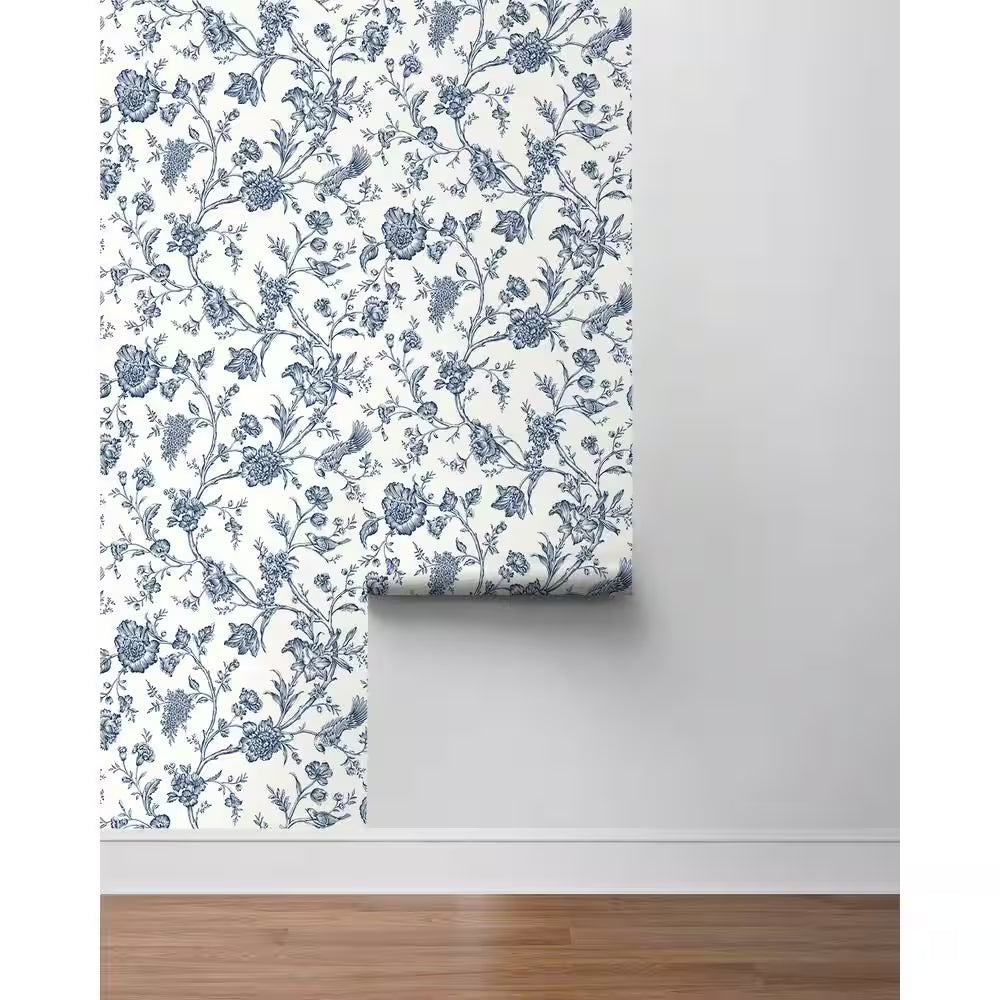Navy Blue Jasmine Chinoiserie Vinyl Peel and Stick Wallpaper Roll 40.5 sq. ft. 