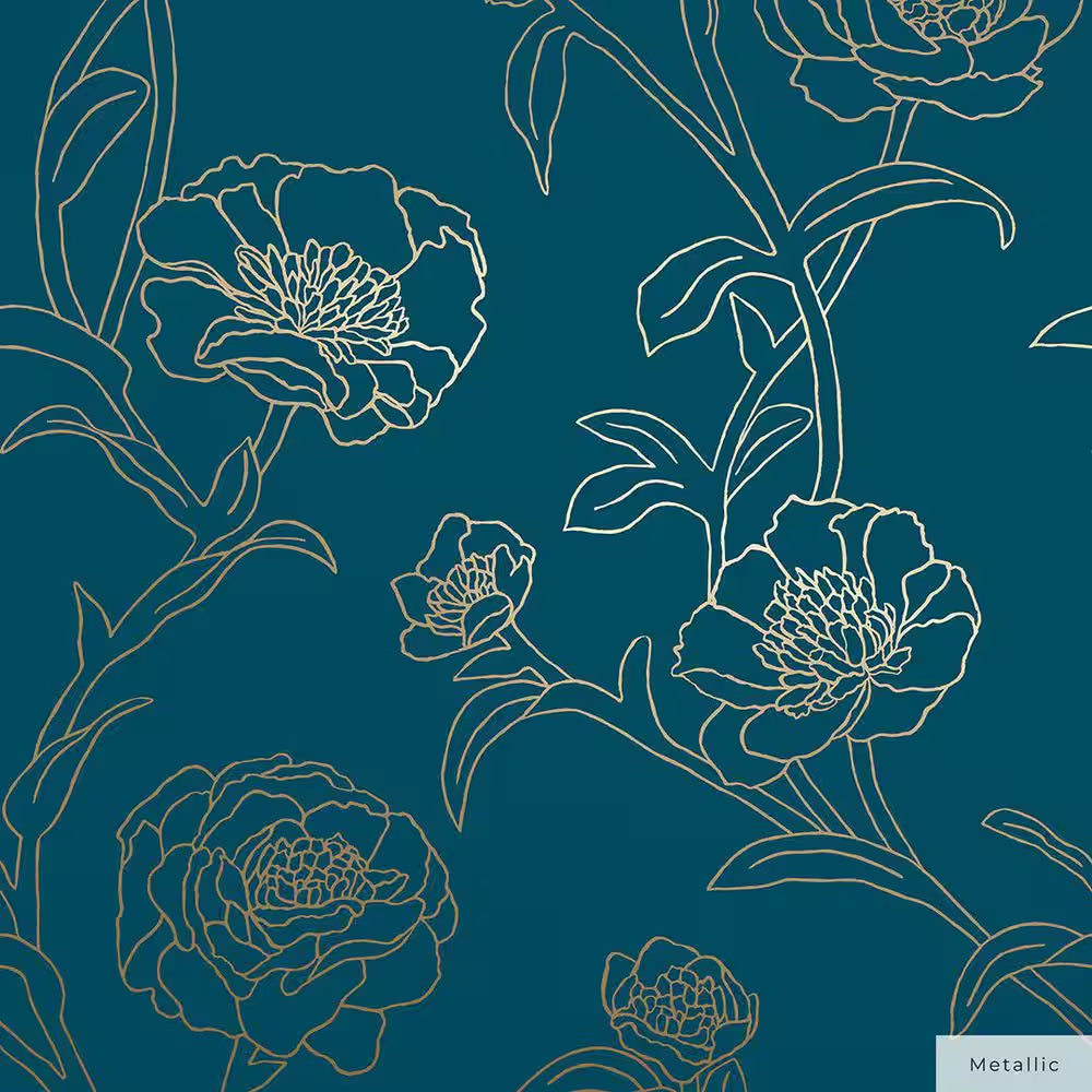 Peacock Blue and Metallic Gold Peonies Vinyl Peel and Stick Wallpaper Roll (Covers 28 sq. ft.)