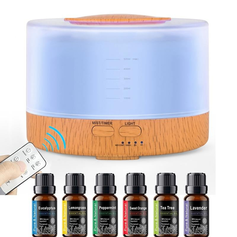 500ml Ultrasonic Aroma Diffuser + 6 Essential Oils | Quiet Humidifier, Air Purifier, 7 LED Colors, Auto-Off Safety, Wood Grain Design for Home, Bedroom & Large Rooms