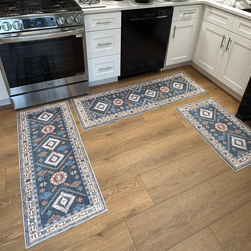 Boho 3-Piece Rug Set – Thick Non-Slip Flannel Mats for Kitchen, Hallway & Laundry