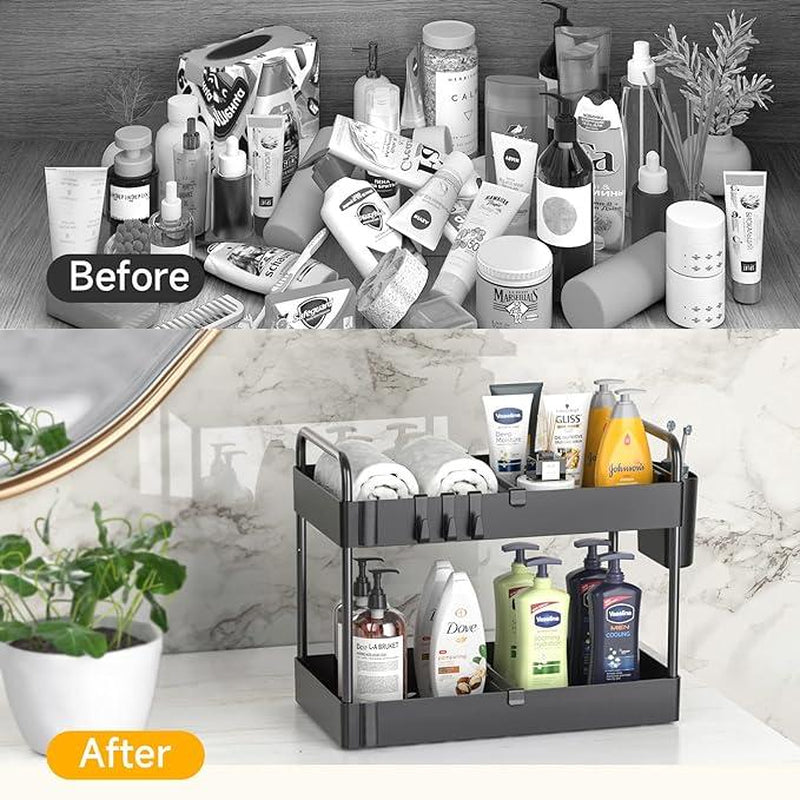 3 Pack Under Sink Organizers And Storage With Dividers,2-Tier Bathroom Organizers and Storage,Kitchen Organization,Cabinet Organizer With Hooks,Hanging Cup,Dividers,Handles