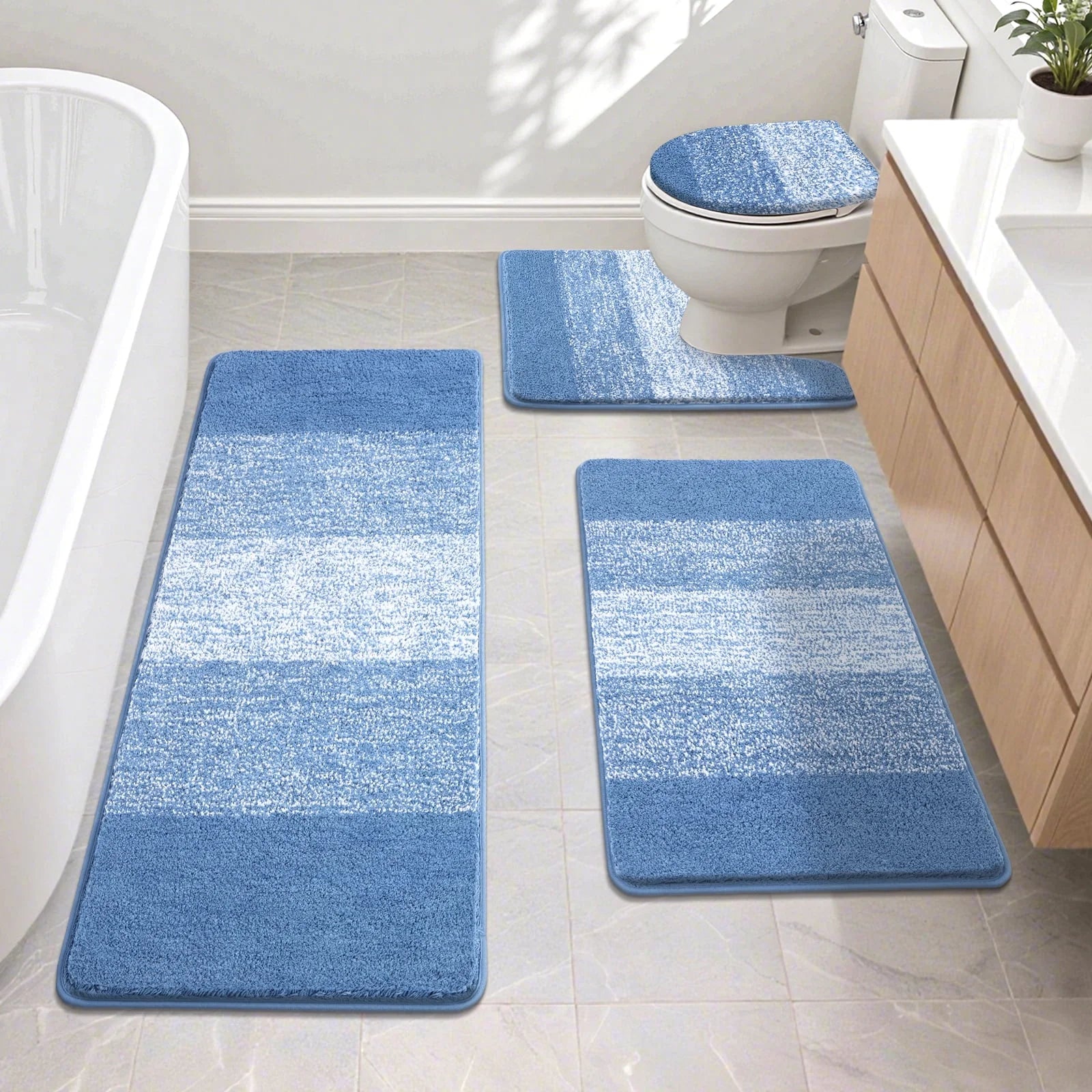Traditional 4 Piece Microfiber Washable Bathroom Rug Set, Grey