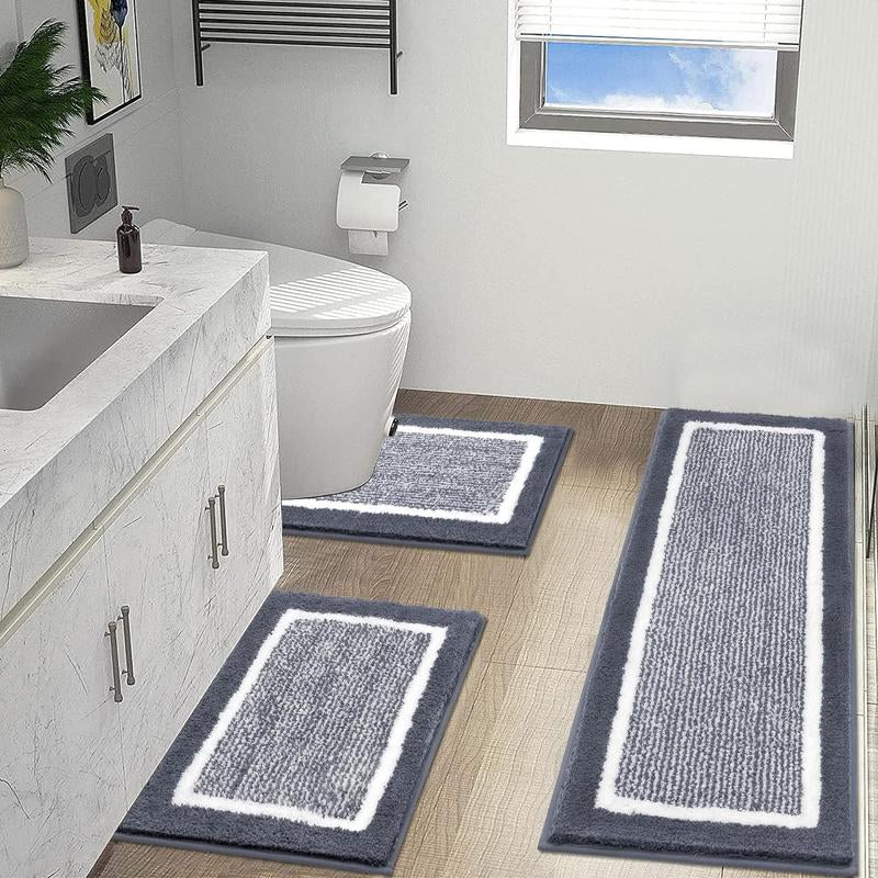 LOKHOM 3-Piece Bathroom Rug Set – Non-Slip, Absorbent Microfiber, Soft Farmhouse Style, Includes U-Shaped Toilet Mat & Shower Rug – Machine Washable