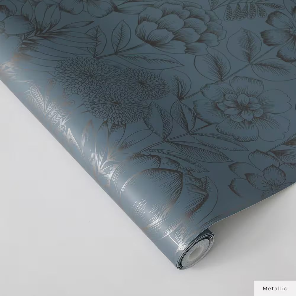 Metallic Blue Ribbon Homestead Floral Vinyl Peel and Stick Wallpaper Roll (Covers 28 sq. ft.)