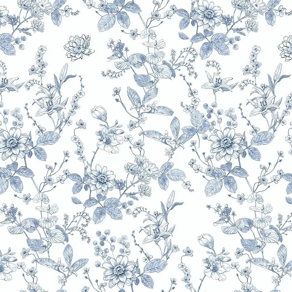 Vintage Blue and White Floral Botanical Vinyl Peel and Stick Wallpaper