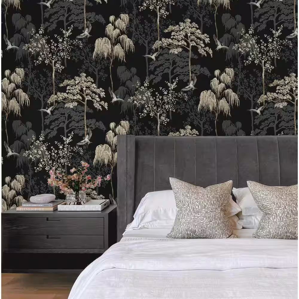 Black Bird Garden Floral Vinyl Peel and Stick Wallpaper Roll 30.75 sq. ft.