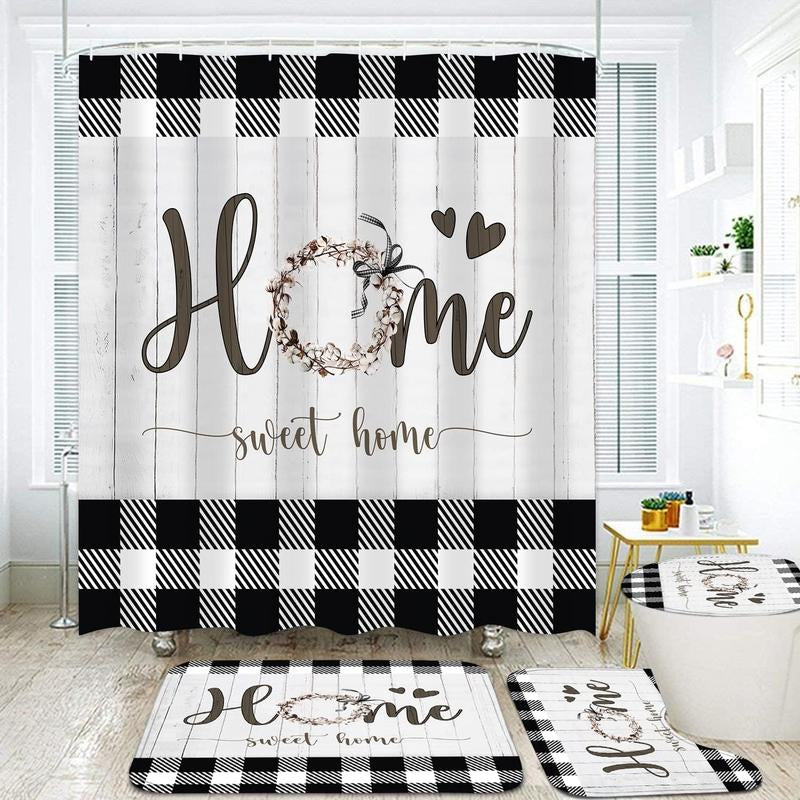 Black & White Rustic Bathroom Set – Shower Curtain with Matching Rugs & Toilet Mat