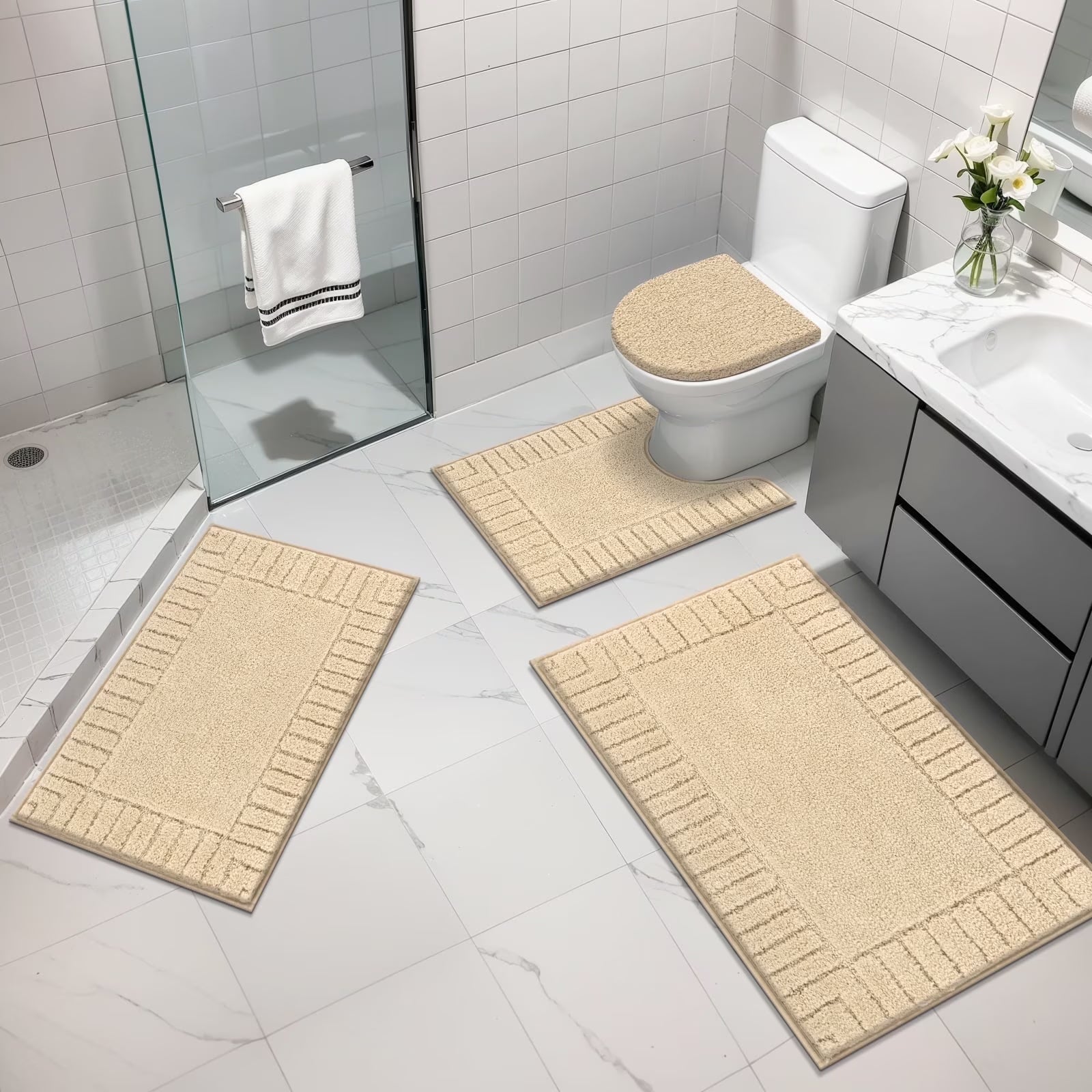 Bathroom Rugs Set of 4 Piece, Bath Mats, Microfiber Non Slip Shaggy Ultra Soft Bathroom Runner with U Shaped Contour Toilet Mat for Bathroom, Shower Inside Floor, Brown