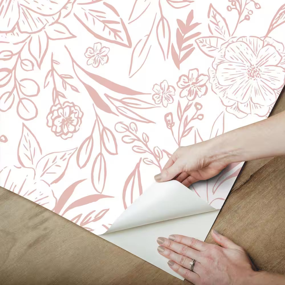 Floral Sketch Pink Vinyl Peel and Stick Matte Wallpaper 30.75 sq. ft.