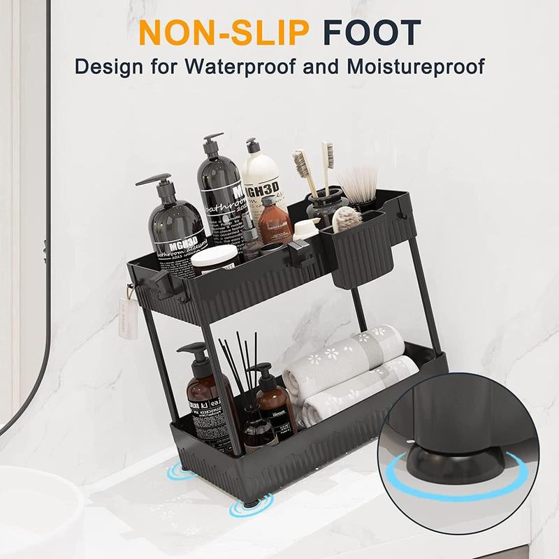 2-Pack Under Sink Organizer with Hooks and Hanging Cups – Multi-Purpose Storage Shelf for Bathroom and Kitchen Cabinets, Black”