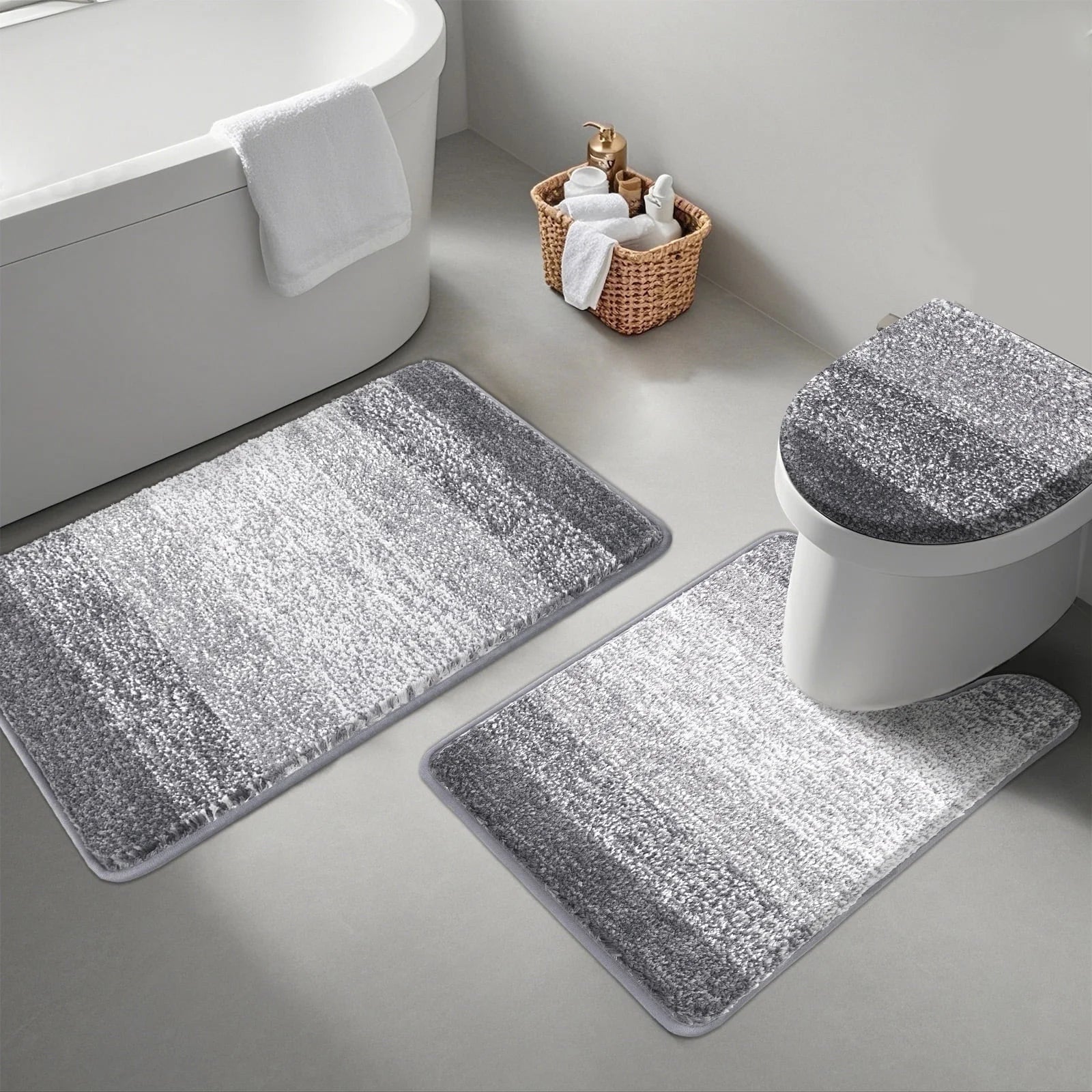 Traditional 4 Piece Microfiber Washable Bathroom Rug Set, Grey