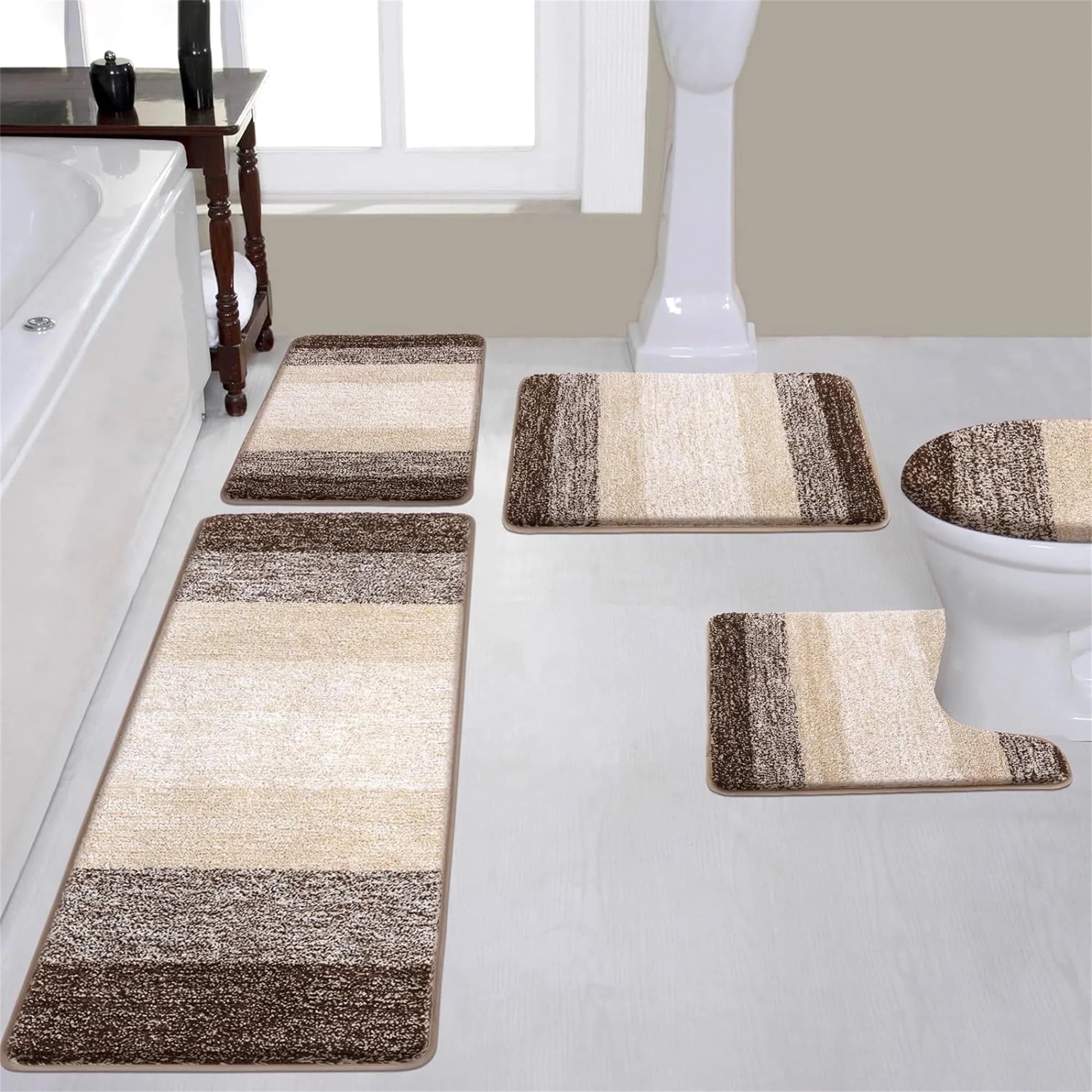 Traditional 4 Piece Microfiber Washable Bathroom Rug Set, Grey
