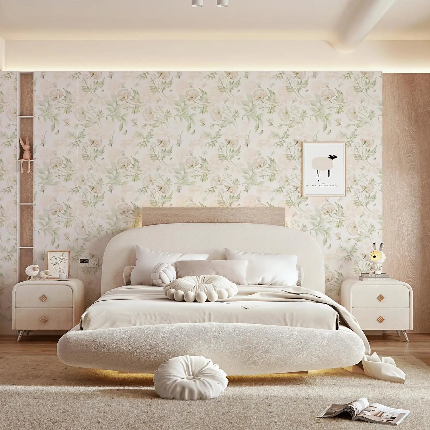 Boho Vintage Floral Wallpaper Peel and Stick Contact Paper Light Pink Self Adhesive Wall Paper for Bedroom Accent Wall Removable