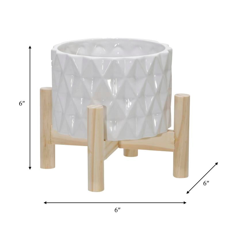Sagebrook Home Ceramic Planter on Pine Wood Stand - Enhance Your Living Space - Garden Chic Decor
