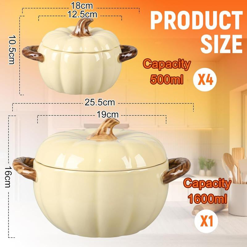 Set of 5 Ceramic Pumpkin Bowls with Lids & Handles – 17oz & 54oz Fall-Themed Soup, Dessert, and Storage Pots
