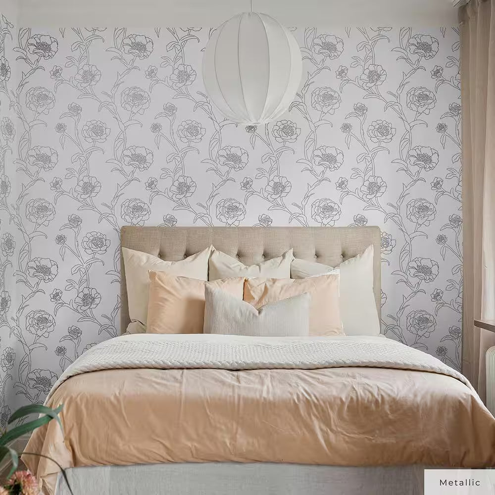 Metallic Black and White Peonies Vinyl Peel and Stick Wallpaper Roll