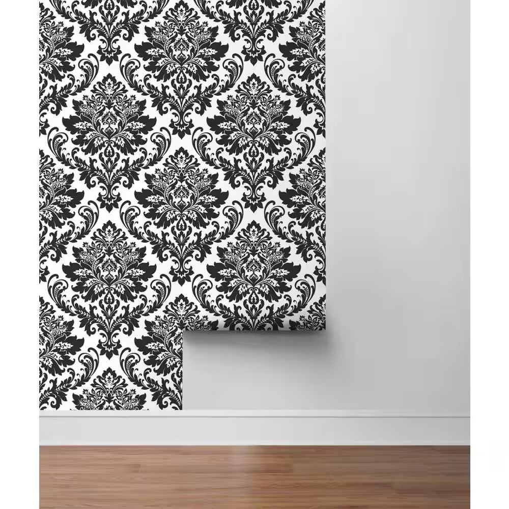 Black and White Damask Vinyl Peel and Stick Wallpaper Roll (Covers 30.75 Sq. Ft.)