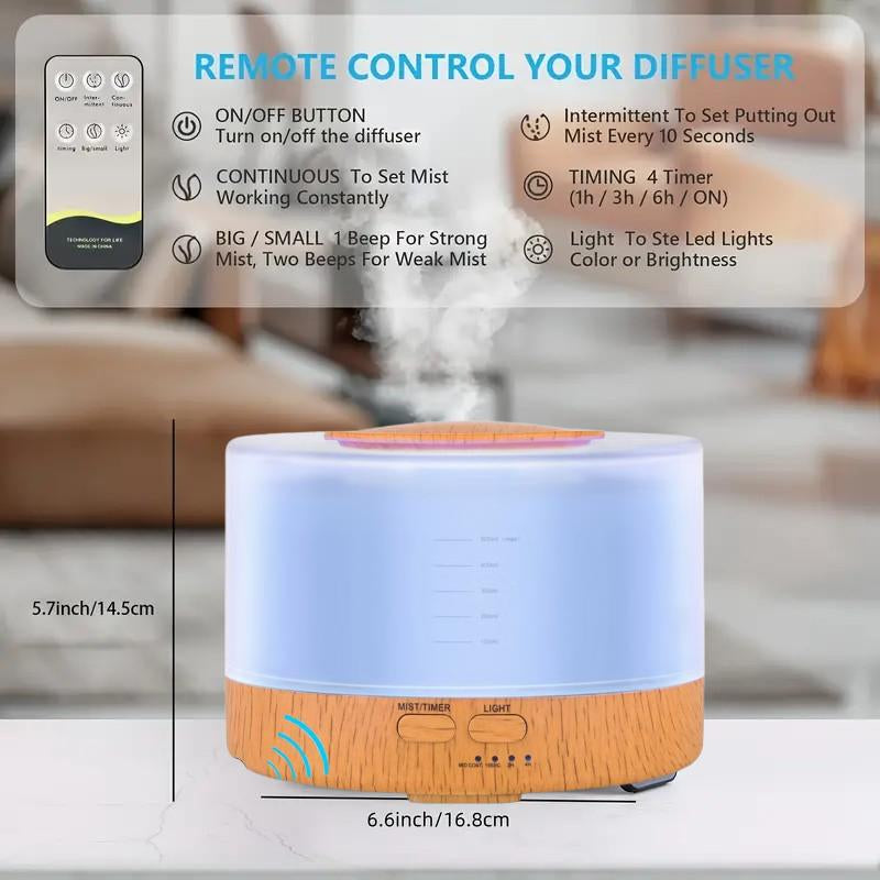 500ml Ultrasonic Aroma Diffuser + 6 Essential Oils | Quiet Humidifier, Air Purifier, 7 LED Colors, Auto-Off Safety, Wood Grain Design for Home, Bedroom & Large Rooms
